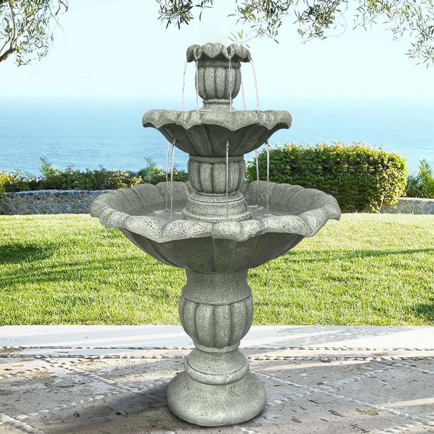 48�?h Outdoor Floor Water Fountain, 3 - Tiers Concrete Water Fountain with Submersible Electric Pump - Garden Cascading Waterfall for Yard Patio Lawn Home Decor