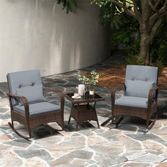 3-Piece Outdoor Wicker Rocking Chair Set, Rattan Bistro Rocker Furniture with Cushions & Pillows, Tempered Glass Coffee Table for Porch Balcony