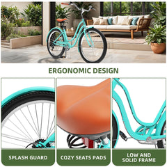 Uforic24'' Beach Cruiser Bike, 7 - Speed, Step - Through Bicycle for Men & Women, Steel Frame, Mint Green