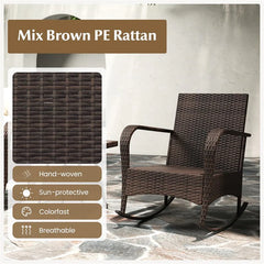 3-Piece Outdoor Wicker Rocking Chair Set, Rattan Bistro Rocker Furniture with Cushions & Pillows, Tempered Glass Coffee Table for Porch Balcony