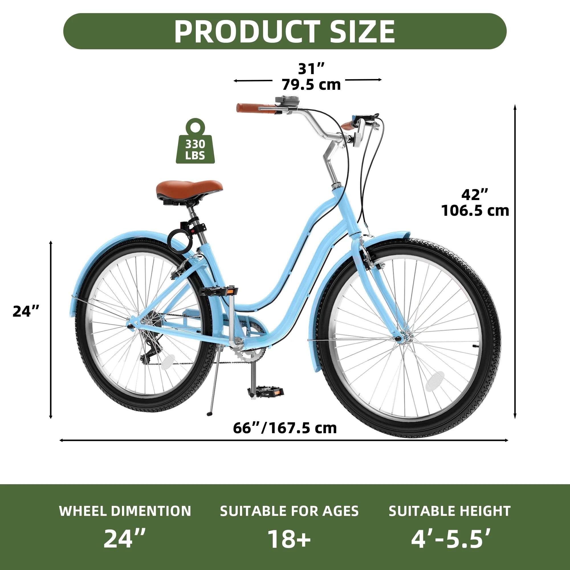 Uforic24'' Beach Cruiser Bike, 7 - Speed, Step - Through Bicycle for Men & Women, Steel Frame, Mint Green