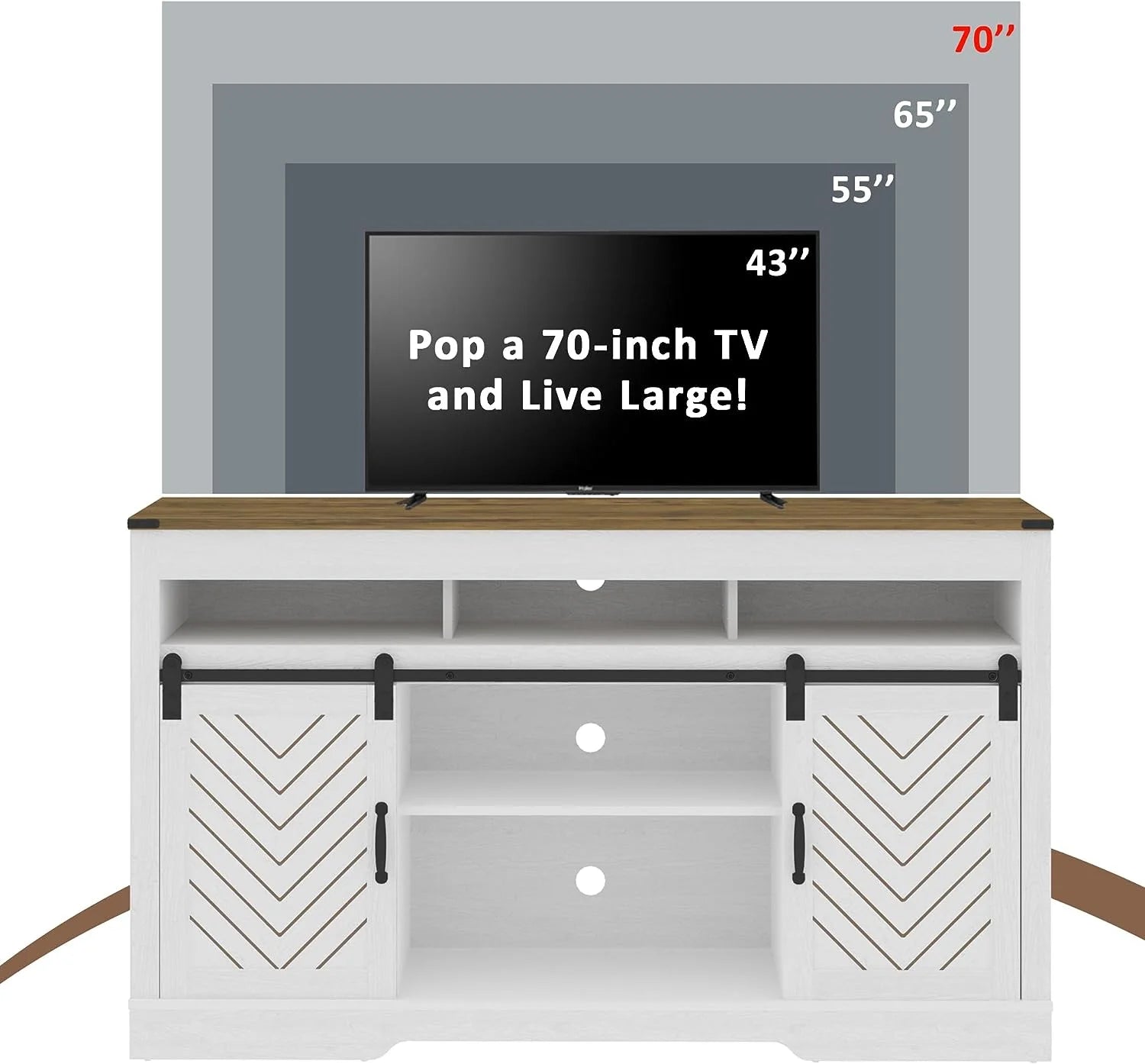 Mayincolor Farmhouse TV Stand for 65+ Inch TV, 34'' Tall Entertainment Center with Sliding Barn Doors, Rustic Wood Media Console Storage Cabinet Television Stand for Living Room, Light Grey