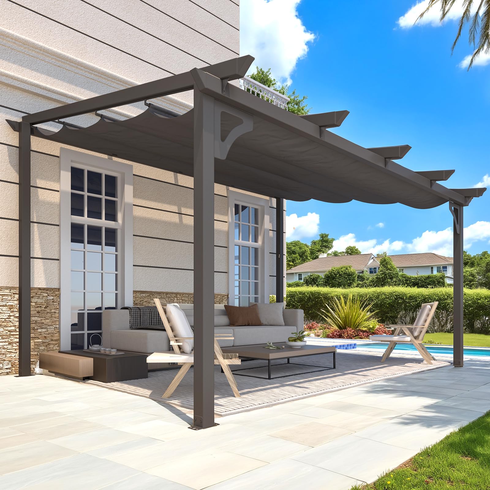 AECOJOY 14' x 10' Gazebo for Patio, Retractable Pergola with Adjustable Sun Shade Canopy Roof