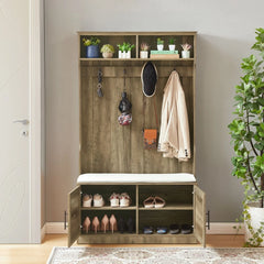 Entryway Hall Tree with Storage Bench, Wooden Coat Rack with Sponge Pad and 4 Dual Hooks, Storage Shelf Organizer with 2 - Door Cabinet for Entryway, Bedroom, Easy to Assemble