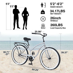 26 in Beach Cruiser Bike, Single Speed Bicycle with Steel Frame, Wide Wheels and Rear Coaster Brakes, Comfortable City Commuter Bike for Adult Men, Silver