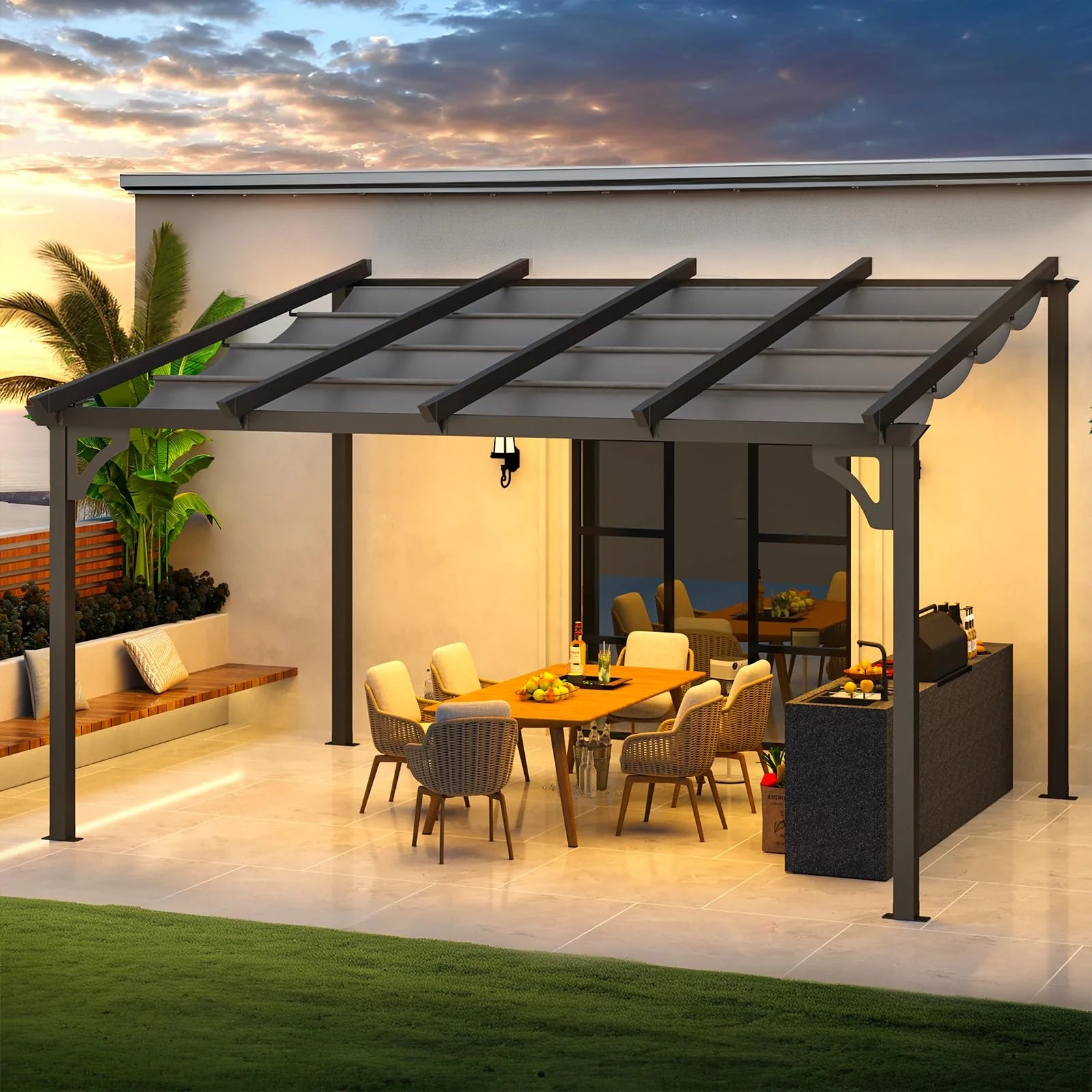 AECOJOY 14' x 10' Gazebo for Patio, Retractable Pergola with Adjustable Sun Shade Canopy Roof