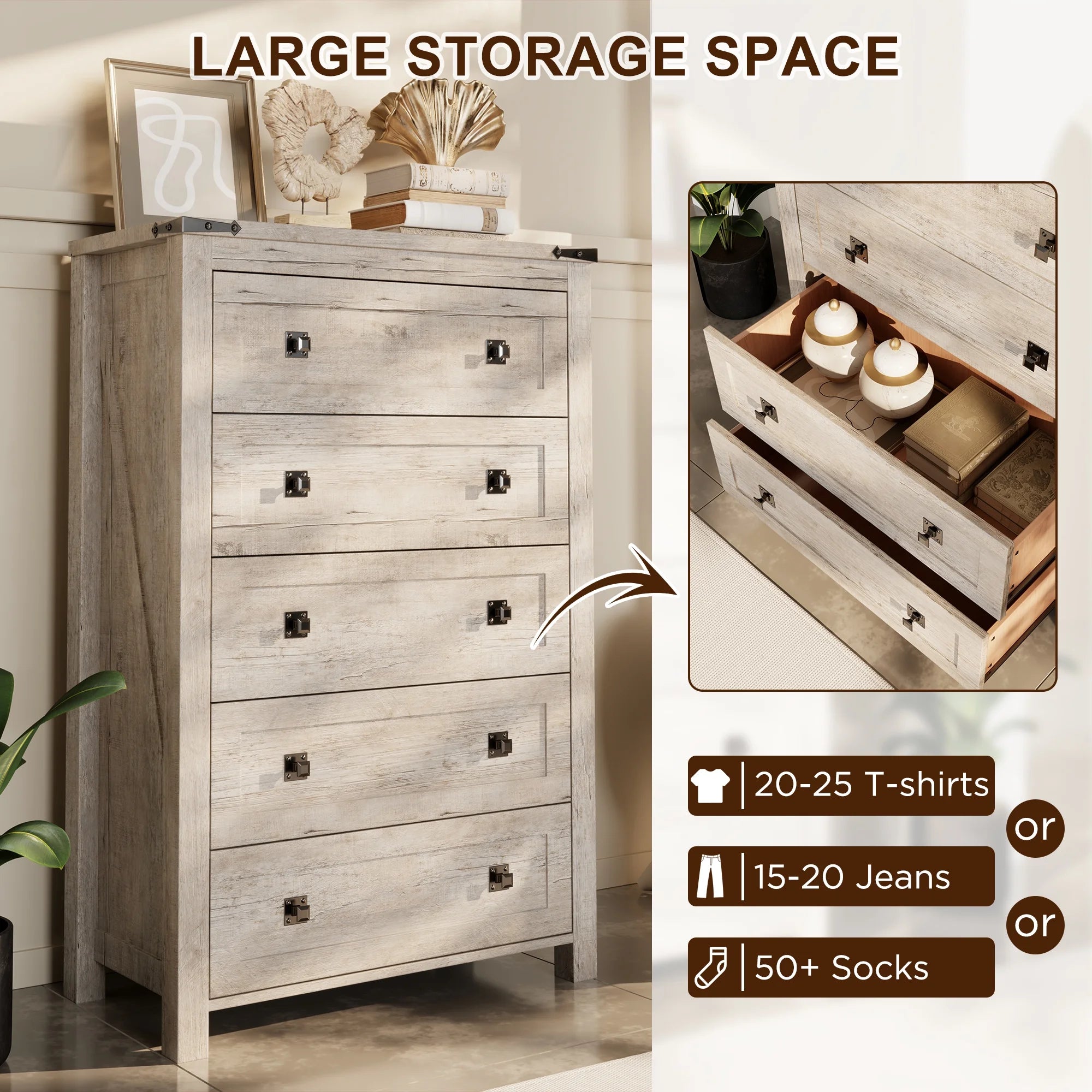 Keywhat Farmhouse 5 Drawer Dresser for Bedroom, Chest of Drawers Wood Organizer for Living Room, Antique White