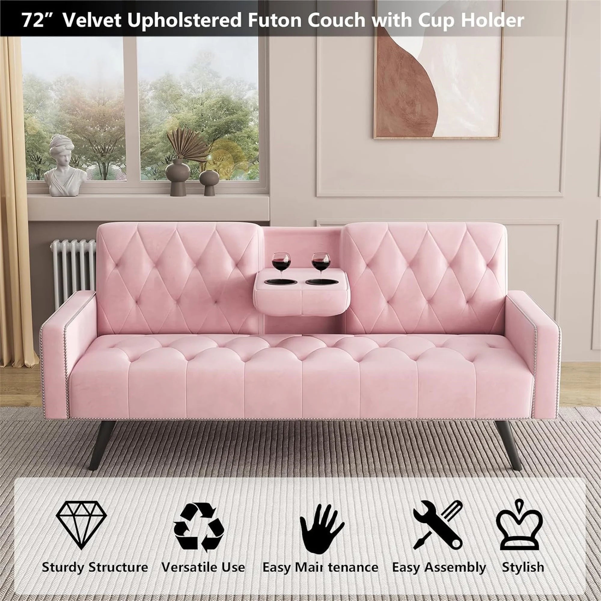 Aukfa 75" Square Arm Futon Convertible Sofa Bed for Home Office, 2 Cup Holders, Linen, Dark Gray
