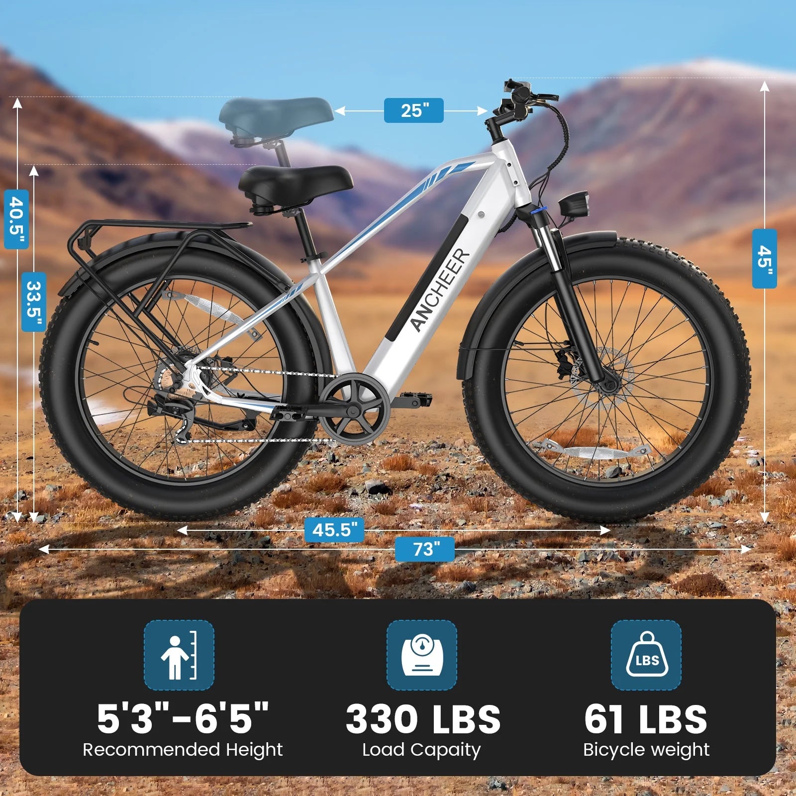 ANCHEER Electric Bike for Adults Peak 1000W Electric Bicycle 48V 15AH Battery Electric Bike 26" x 4.0" Fat Tire Mountain 28MPH 7 Speed Gears Electric Bike, Rear Rack, UL2849