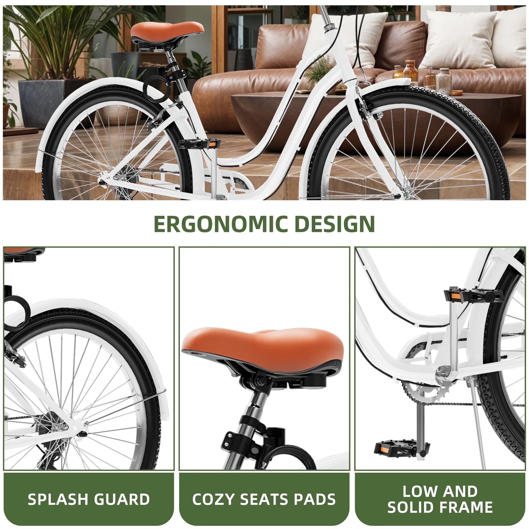 Uforic24'' Beach Cruiser Bike, 7 - Speed, Step - Through Bicycle for Men & Women, Steel Frame, Mint Green
