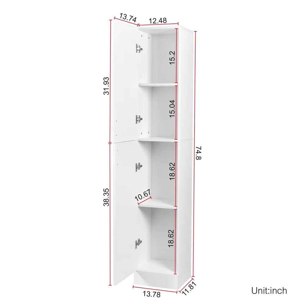 74.8'' Tall Kitchen Pantry Cabinet, Floor Freestanding Storage Cabinet with Inadjustable Shelves and Two Doors, Narrow Tall Cupboard for Dining Room, Living Room, Bedroom, Entryway, White