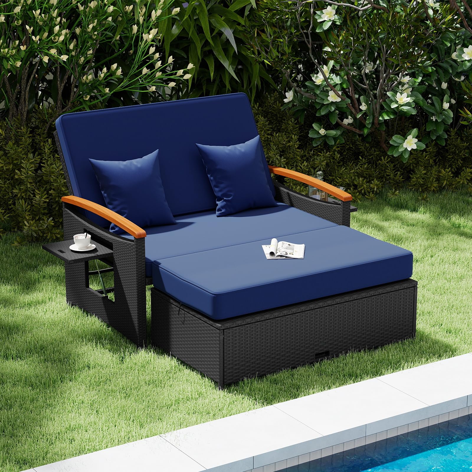 Tangkula Patio Rattan Daybed with 4-Level Adjustable Backrest