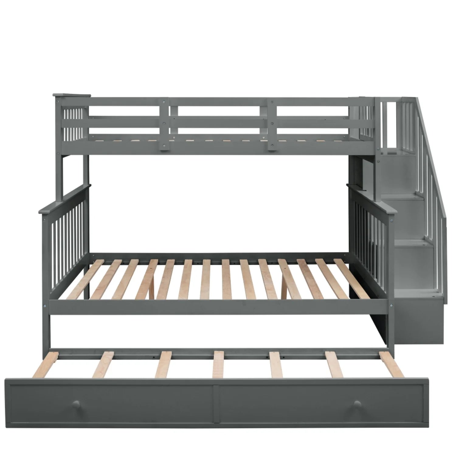 AECOJOY Twin-Over-Full Bunk Bed with Twin size Trundle, Storage and Guard Rail for Bedroom, Espresso