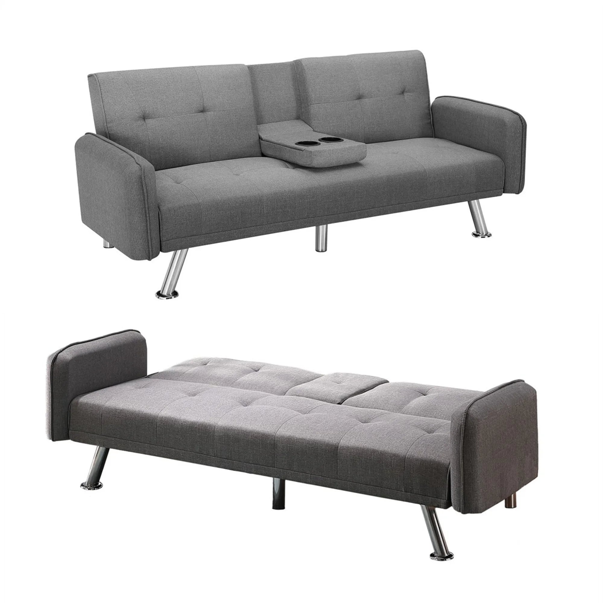Aukfa 75" Square Arm Futon Convertible Sofa Bed for Home Office, 2 Cup Holders, Linen, Dark Gray