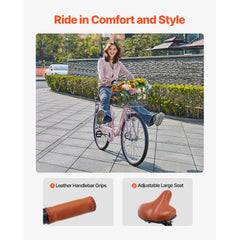 KFFKFF 26" Cruiser Bike, Single Speed, Rosé - Colored Seaside Cycling Bike with Spacious Basket and Back Stand, Reliable & Robust Leisure Bicycle with Modifiable Saddle