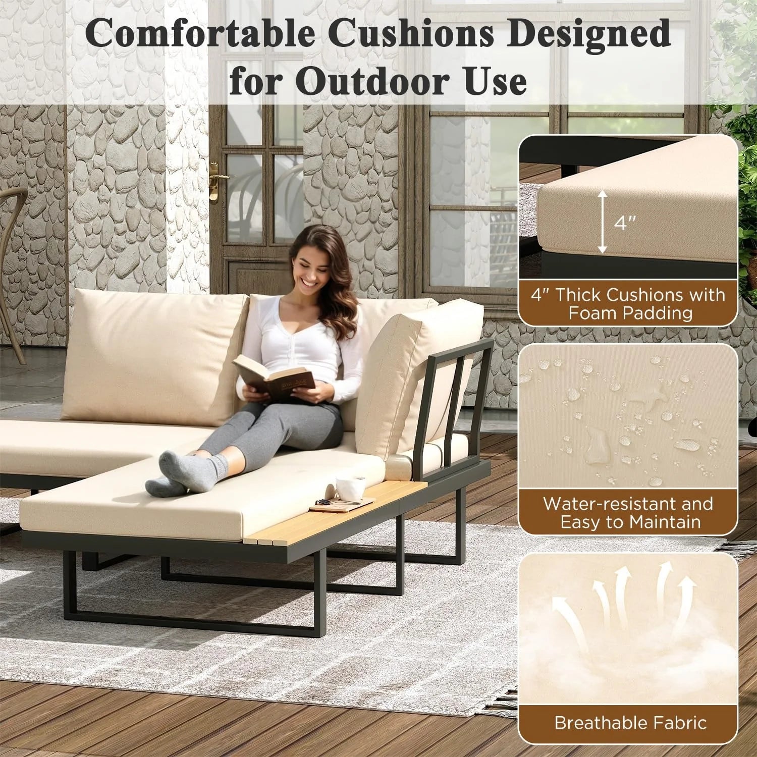 AECOJOY 4 Piece Metal Patio Furniture Set with Waterproof Cover, Convertible Outdoor Daybed with Coffee Table