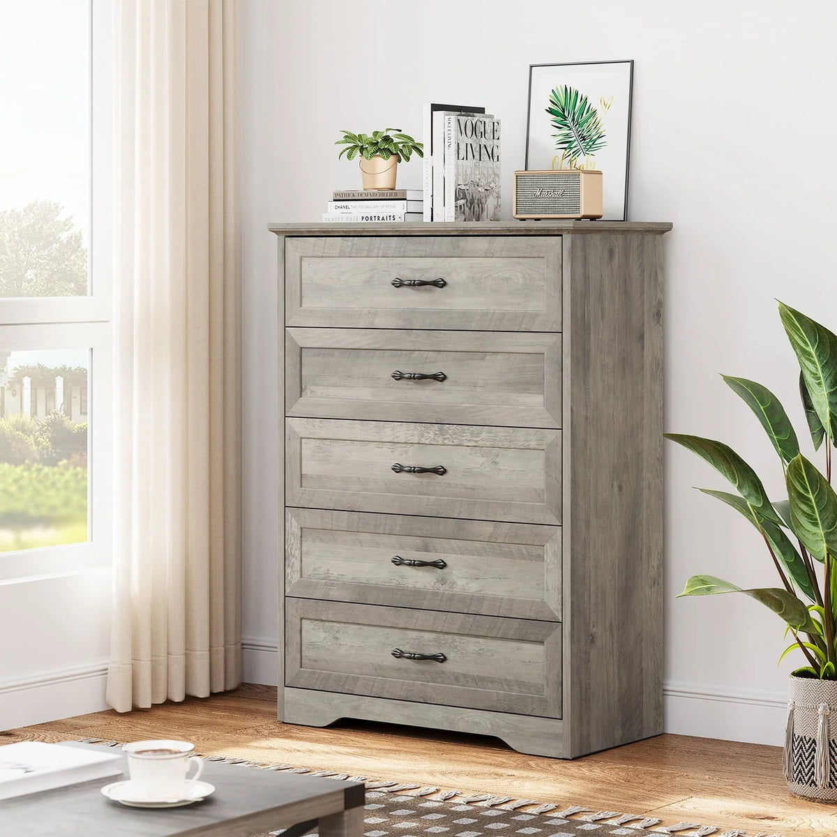 Dresser for Bedroom with 5 Drawers, Tall Wood Drawer Dresser Chest of Drawers for Closet, Living Room, Hallway, Nursery, Kids Bedroom, Grey
