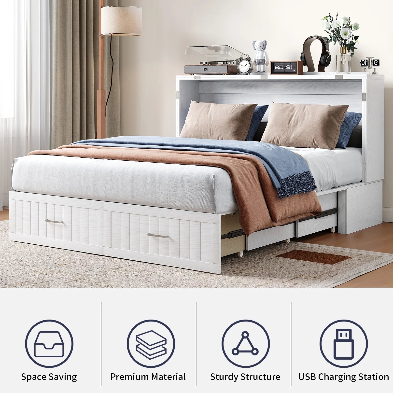 ZAFLY Murphy Bed with Trifold Foam Mattress, Cabinet Bed Has USB Charging Station, Convertible Bed with Storage Platform, Cabinet Chest Bed with Large Drawers for Living Room/Bedroom (Grey)