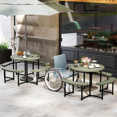 8 Person Round Outdoor Picnic Table Bench Set with Umbrella Hole, All-Weather HDPE Tabletop & Metal Frame for Patio Garden Yard