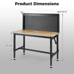 48" Heavy-Duty Workbench with AC/USB Outlets & Pegboard, 2000 LBS Max Load, Adjustable Height Rubberwood Top Tool Bench w/ Storage Shelf for Garage