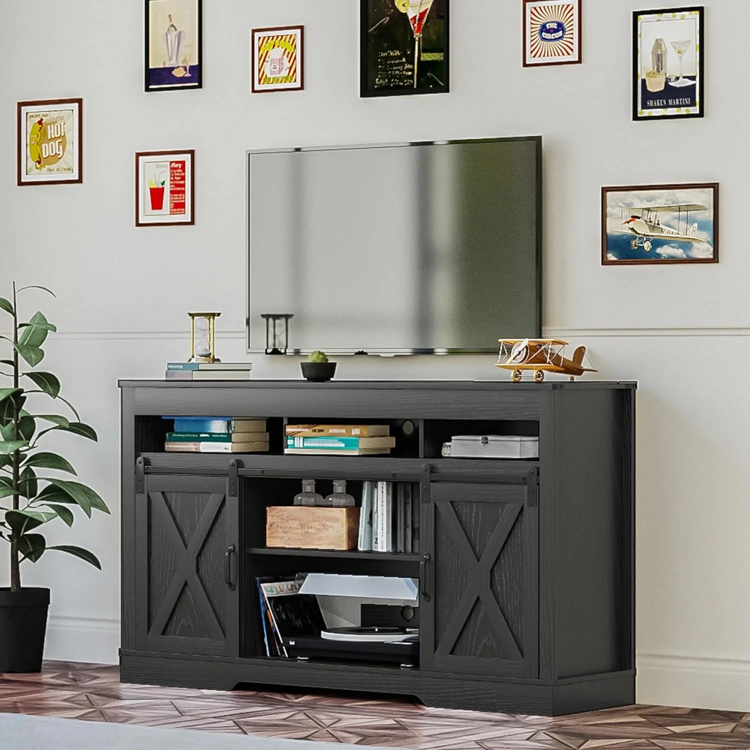 Mayincolor Farmhouse TV Stand for 65+ Inch TV, 34'' Tall Entertainment Center with Sliding Barn Doors, Rustic Wood Media Console Storage Cabinet Television Stand for Living Room, Light Grey