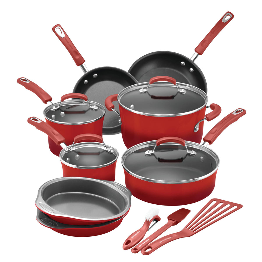 Rachael Ray 15-Piece Hard Enamel Nonstick Cookware Set - Red