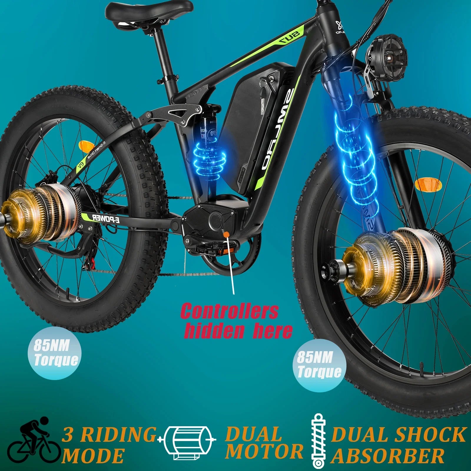 5000w Peak Dual Motor Electric Bike, 26" Fat Tire Shimano 21 Speed 45 MPH Commuter Mtb, 60V 25AH Front Suspension Ebike