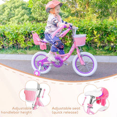 Hykolity 14" Girls Bikes with Basket, Doll Seat, Removable Training Wheel, Adjustable Sanddle