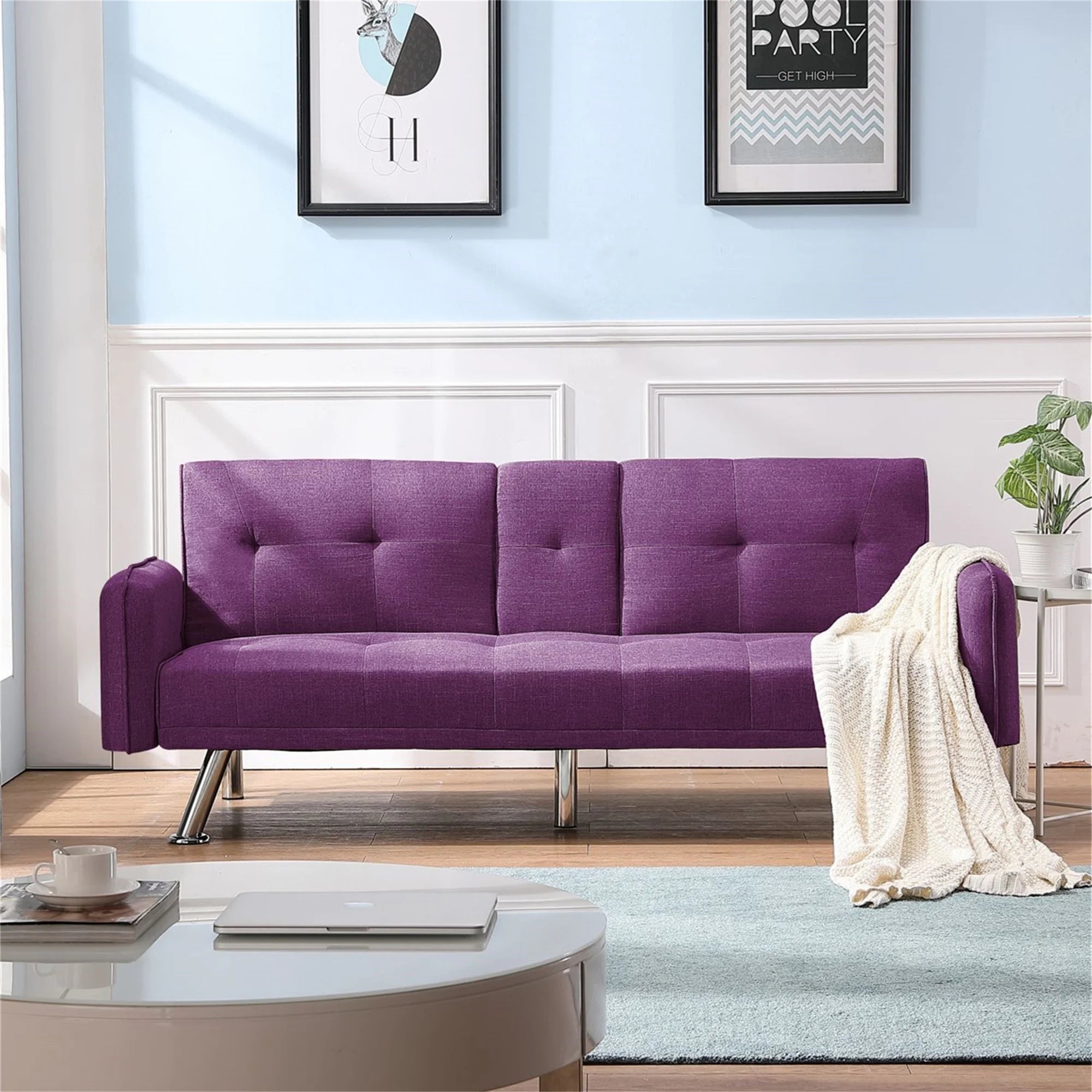 Aukfa 75" Square Arm Futon Convertible Sofa Bed for Home Office, 2 Cup Holders, Linen, Dark Gray