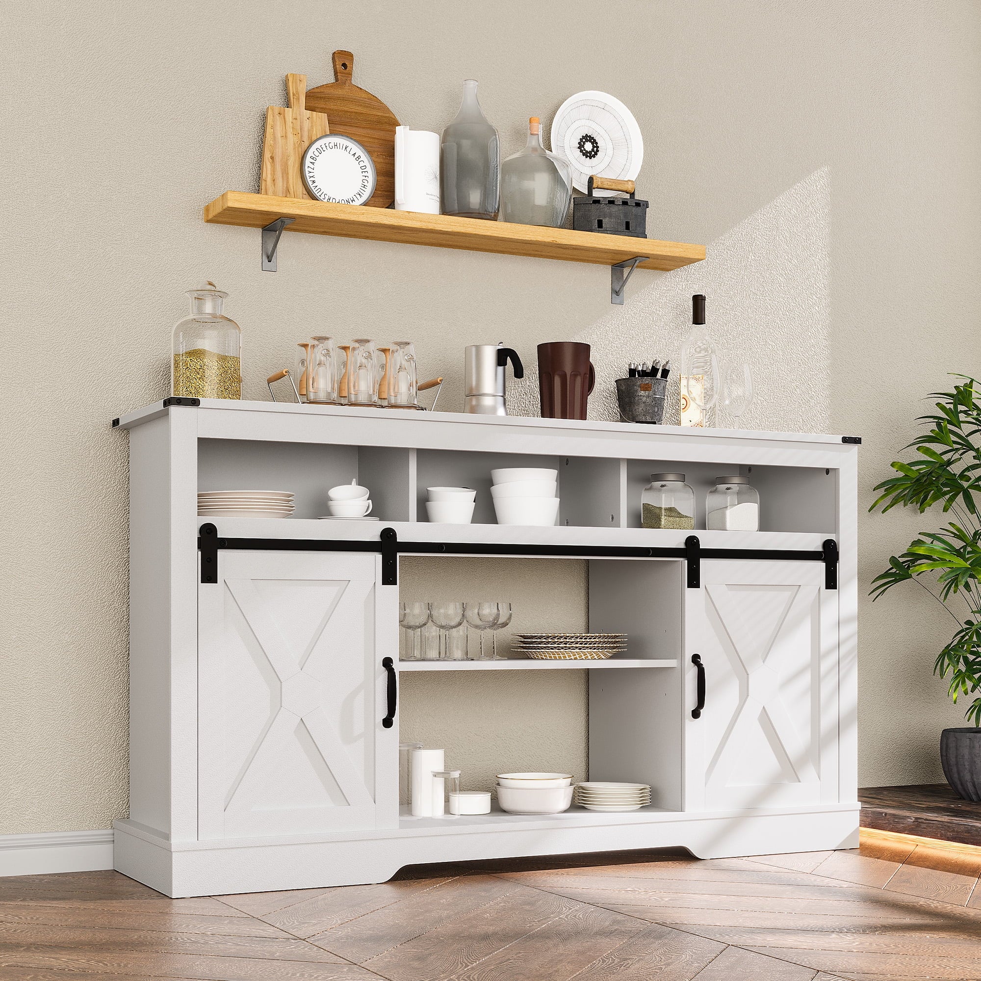 Mayincolor Farmhouse TV Stand for 65+ Inch TV, 34'' Tall Entertainment Center with Sliding Barn Doors, Rustic Wood Media Console Storage Cabinet Television Stand for Living Room, Light Grey
