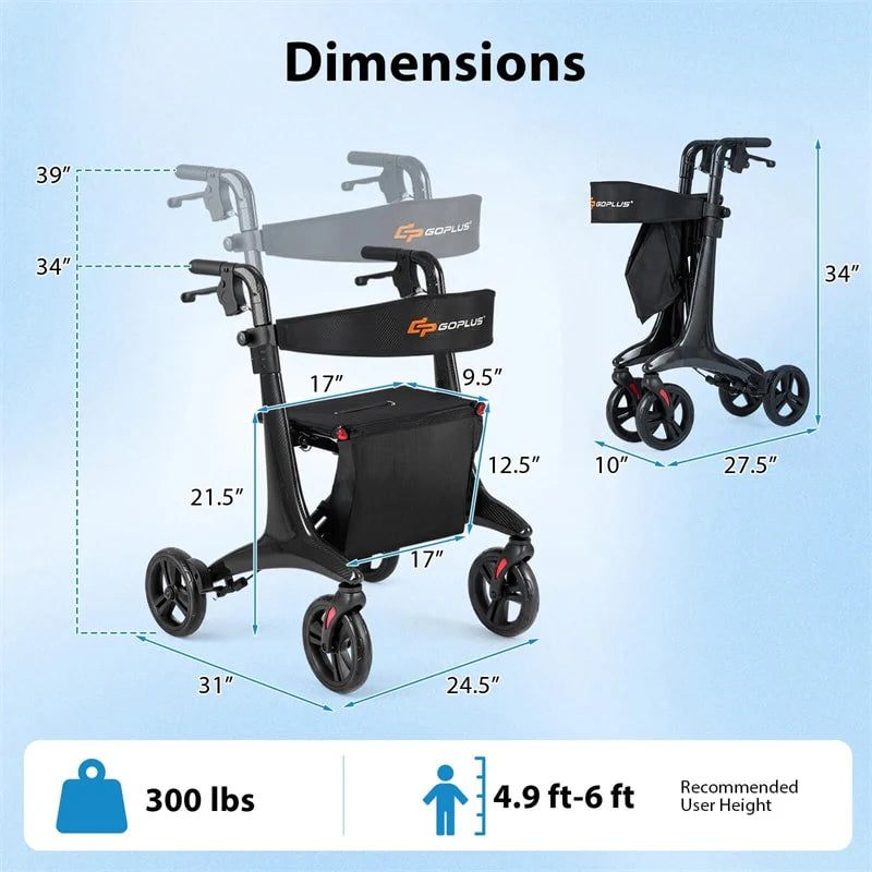 Ultralight Carbon Fiber Rollator Walker for Seniors, Foldable Rolling Walker with Seat, 8" Wheels, Adjustable Handles & Backrest, Storage Bag