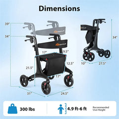 Ultralight Carbon Fiber Rollator Walker for Seniors, Foldable Rolling Walker with Seat, 8" Wheels, Adjustable Handles & Backrest, Storage Bag