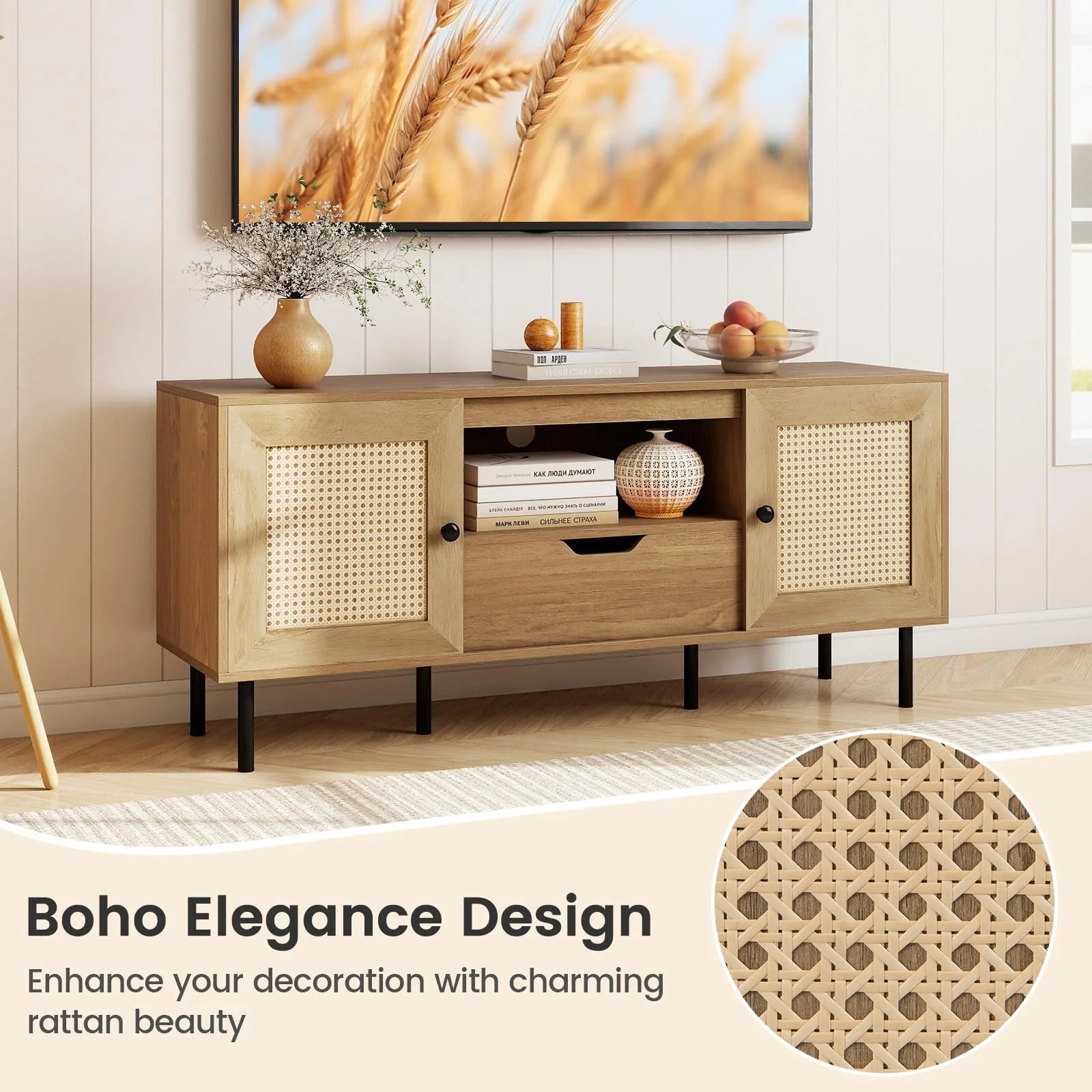 Tangkula Boho TV Stand for 60 Inch TV Entertainment Center with Cabinets and Storage Shelf