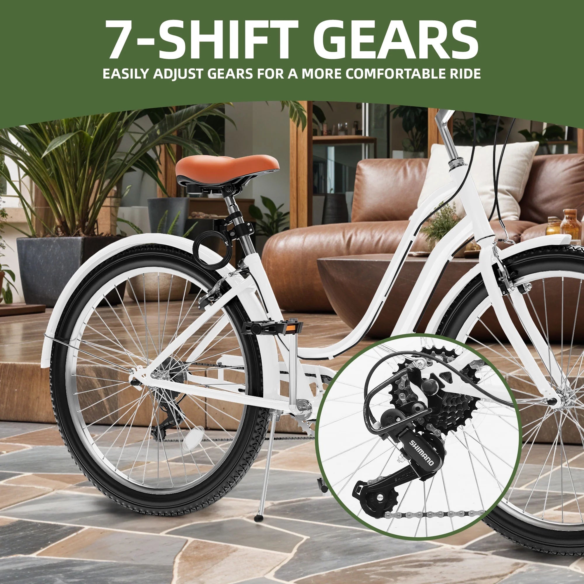 Uforic24'' Beach Cruiser Bike, 7 - Speed, Step - Through Bicycle for Men & Women, Steel Frame, Mint Green