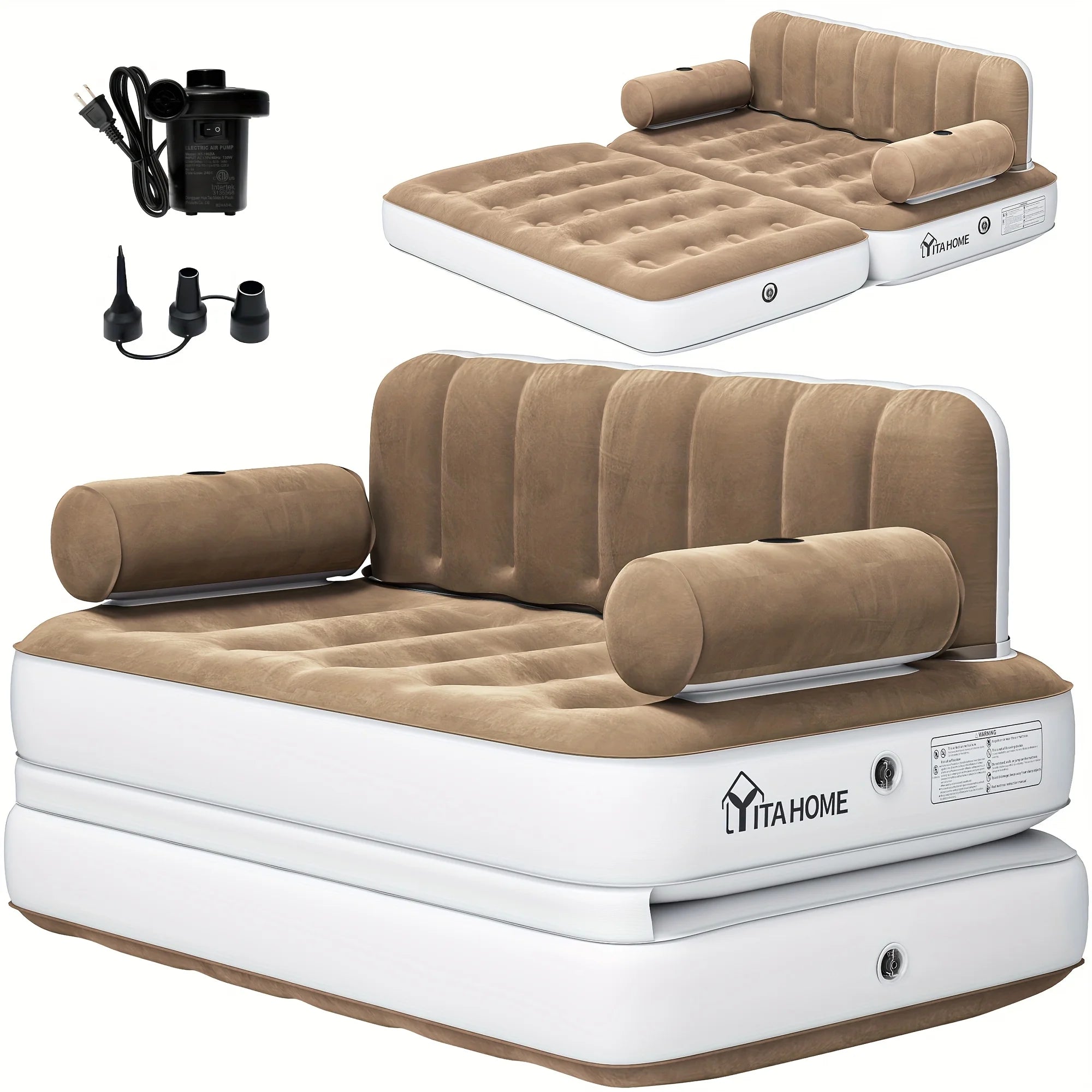 Inflatable Air Sofa Bed 2 - in - 1 Backrest Couch Airbed with Headboard and Pump Convertible Blow up Bed Mattress for Home, Camping, and Guests, Living Room Furniture, Queen Size