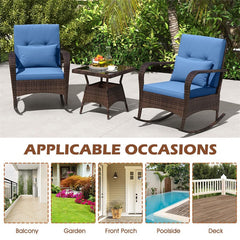 3-Piece Outdoor Wicker Rocking Chair Set, Rattan Bistro Rocker Furniture with Cushions & Pillows, Tempered Glass Coffee Table for Porch Balcony