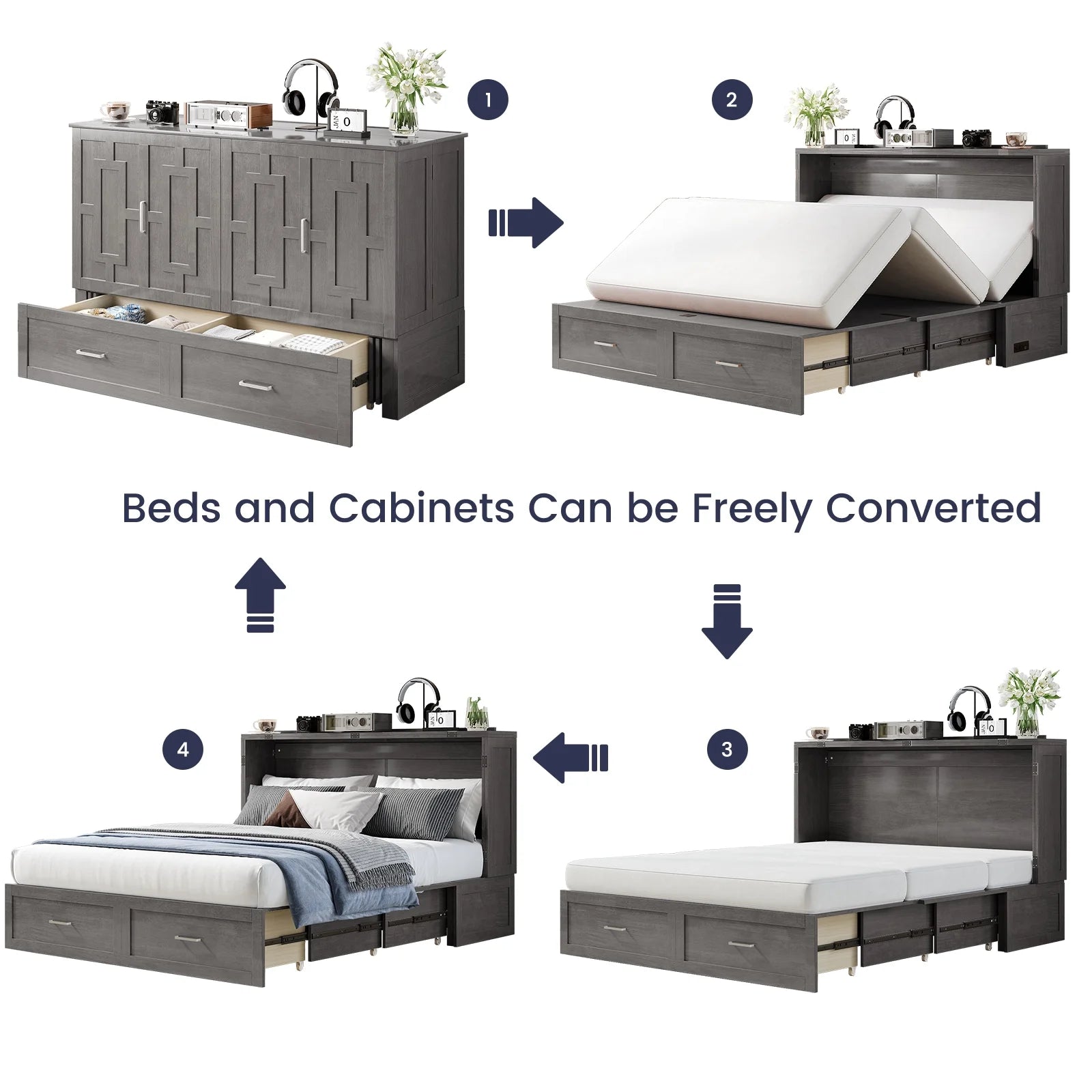 ZAFLY Murphy Bed with Trifold Foam Mattress, Cabinet Bed Has USB Charging Station, Convertible Bed with Storage Platform, Cabinet Chest Bed with Large Drawers for Living Room/Bedroom (Grey)