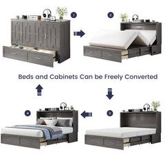ZAFLY Murphy Bed with Trifold Foam Mattress, Cabinet Bed Has USB Charging Station, Convertible Bed with Storage Platform, Cabinet Chest Bed with Large Drawers for Living Room/Bedroom (Grey)