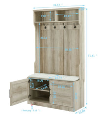 Entryway Hall Tree with Storage Bench, Wooden Coat Rack with Sponge Pad and 4 Dual Hooks, Storage Shelf Organizer with 2 - Door Cabinet for Entryway, Bedroom, Easy to Assemble