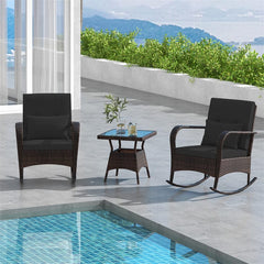 3-Piece Outdoor Wicker Rocking Chair Set, Rattan Bistro Rocker Furniture with Cushions & Pillows, Tempered Glass Coffee Table for Porch Balcony