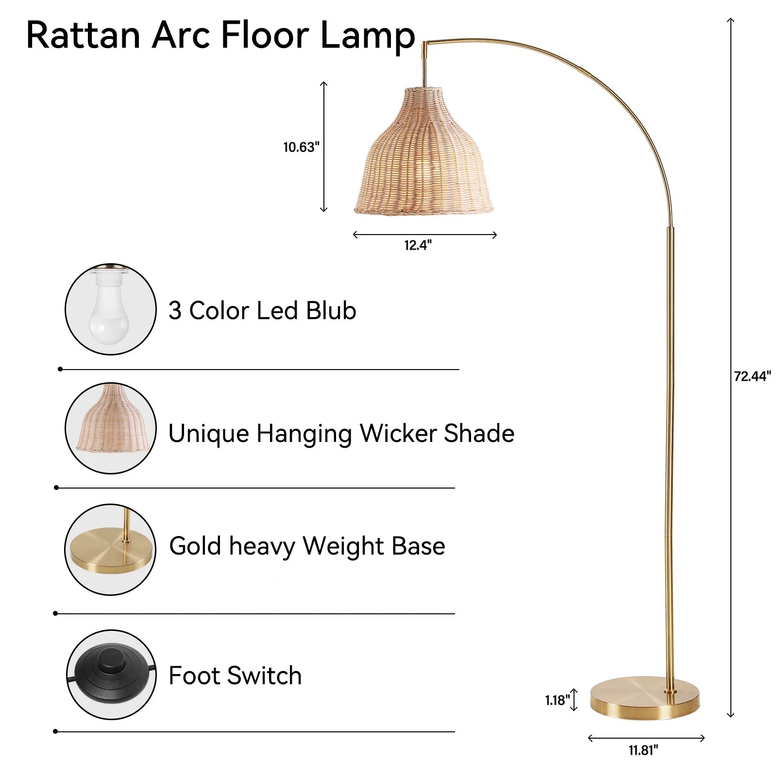 SUNMORY 72 in Arched Rattan Floor Lamp, Fabric Retro Boho Farmhouse Rustic Standing Lamp for Living Room, Bedroom, Office, 9W & Foot Switch & 3 Color Temperature, Gold