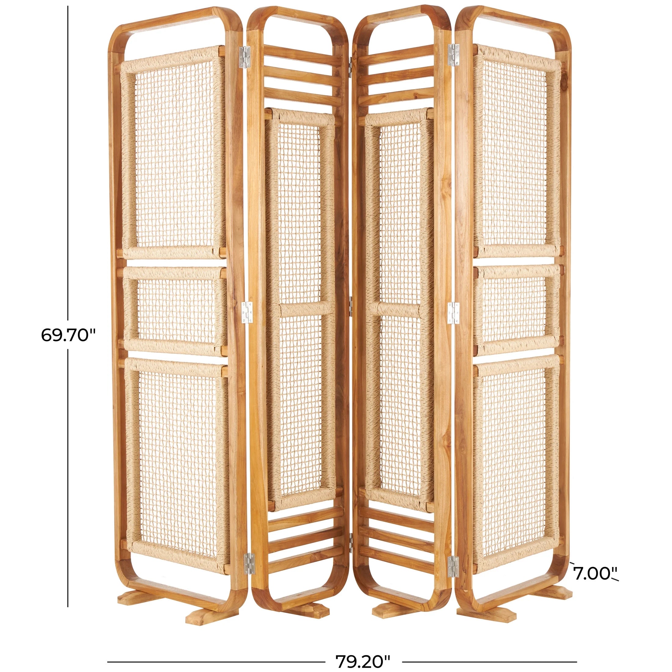 Decmode 79" x 70" Brown Teak Wood Handmade Foldable Partition 4 Panel Room Divider Screen with Woven Rattan Panels, 1 - Piece