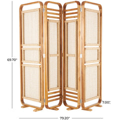 Decmode 79" x 70" Brown Teak Wood Handmade Foldable Partition 4 Panel Room Divider Screen with Woven Rattan Panels, 1 - Piece