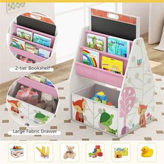 3-in-1 Kids Art Easel with Chair, Wooden Toddler Easel Table & Chair Set w/ Double-Sided Magnetic Whiteboard & Chalkboard, Bookshelf, Storage