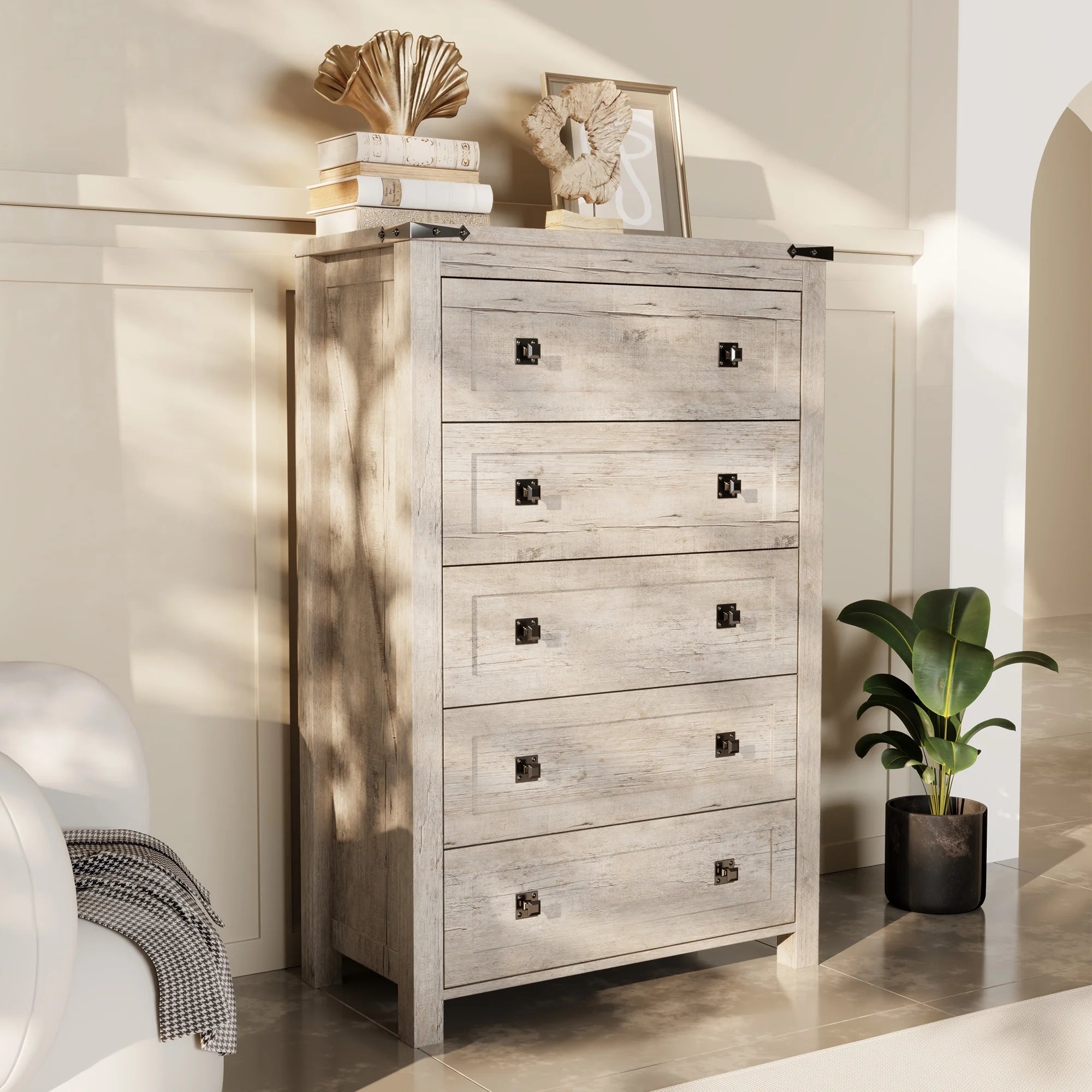 Keywhat Farmhouse 5 Drawer Dresser for Bedroom, Chest of Drawers Wood Organizer for Living Room, Antique White