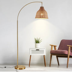 SUNMORY 72 in Arched Rattan Floor Lamp, Fabric Retro Boho Farmhouse Rustic Standing Lamp for Living Room, Bedroom, Office, 9W & Foot Switch & 3 Color Temperature, Gold