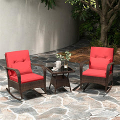 3-Piece Outdoor Wicker Rocking Chair Set, Rattan Bistro Rocker Furniture with Cushions & Pillows, Tempered Glass Coffee Table for Porch Balcony