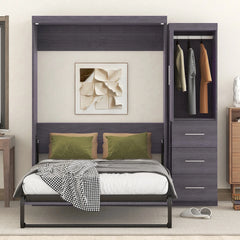 Euroco Wood Full Size Murphy Wall Bed with Wardrobe and Drawers for Living Room, Moveable Wardrobe and Drawers, Space - Saving & Easy Open and Close for Kids Teens Adults, Gray