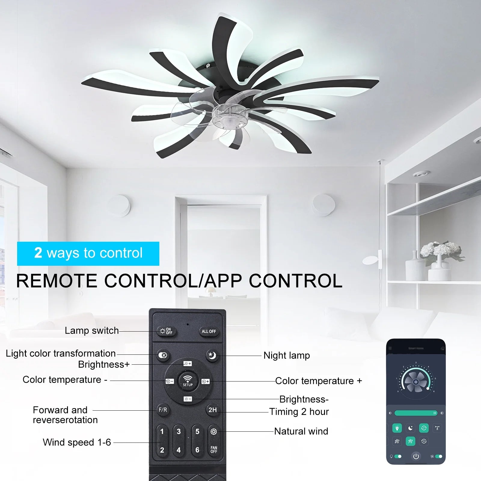 Garwarm Dimmable Ceiling Fan with Light and Remote Control, 27" Small Flush Mounted Ceiling Fan with LED Lights, APP and Remote Controlled, Modern, White
