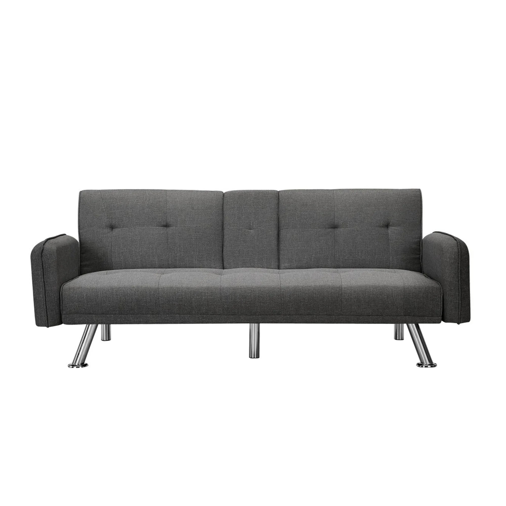 Aukfa 75" Square Arm Futon Convertible Sofa Bed for Home Office, 2 Cup Holders, Linen, Dark Gray